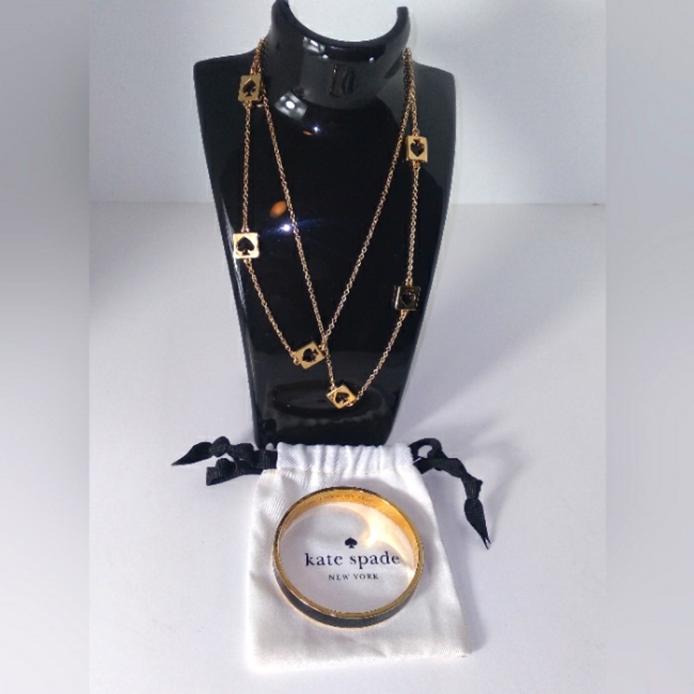 Kate Spade Signature Spade Logo Cut Out  Gold Plated Necklace w/Bangle Bracelet
